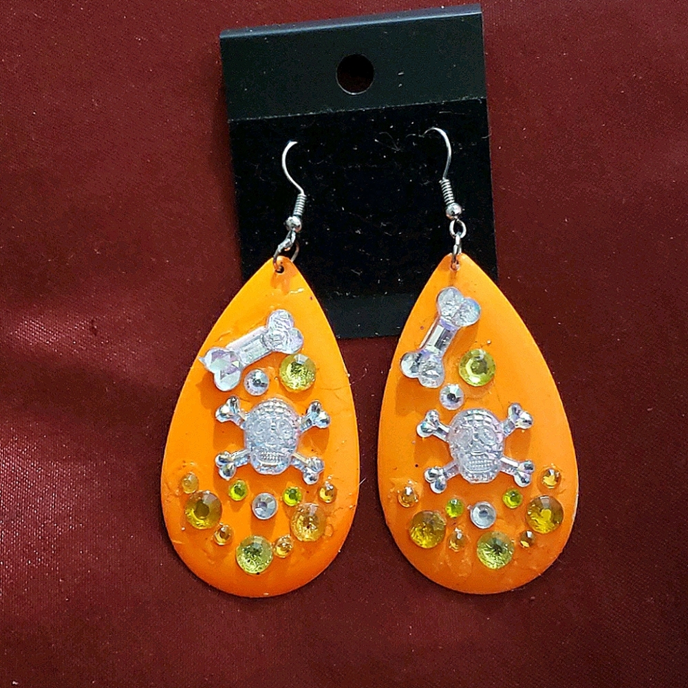 Orange Bedazzled Skull Crossbones Earrings
